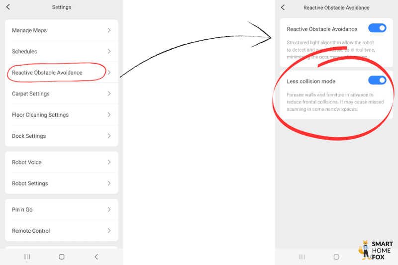 Weniger Kollisionen Modus wird in der Roborock Q Revo App aktiviert.